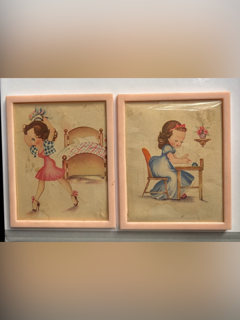 Vintage Pink Framed Girl Illustration Wall Art Set